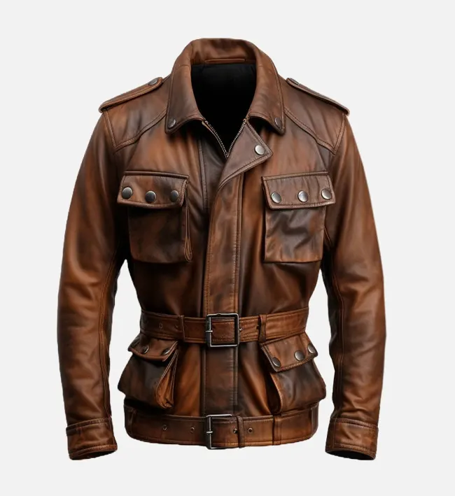 Men's Military Style Vintage Leather Jacket - Image 2