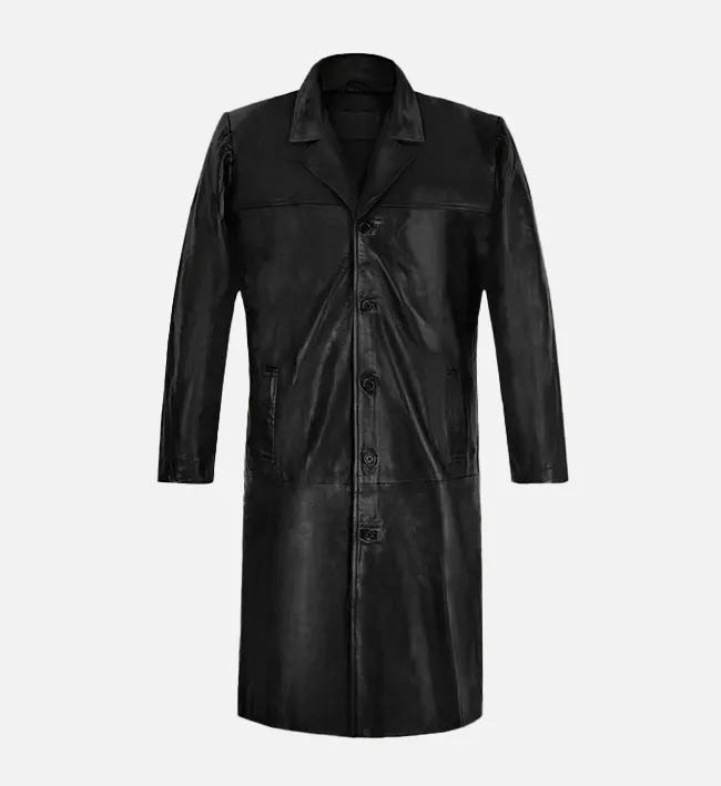 Men’s Black Leather Long Trench Coat