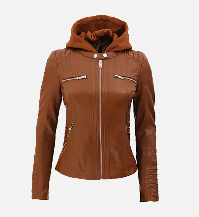 Women's Cognac Slim Fit Leather Jacket With Removable Hood - Image 2