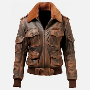 Women's Distressed Brown Bomber Leather Jacket